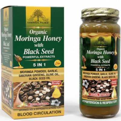 Jar of Moringa Honey with Black Seed Extract and packaging on a white background
