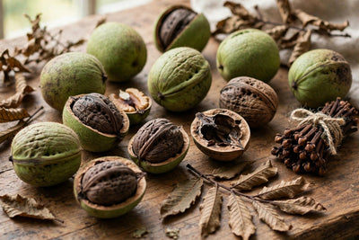 Black walnuts in green husks with cloves and dried walnut leaves on wood, Life Gardening Tools