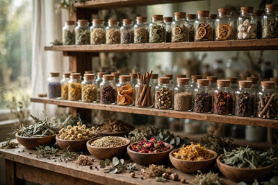 Dried herbs in glass jars and wooden bowls, herbal apothecary library by Life Gardening Tools