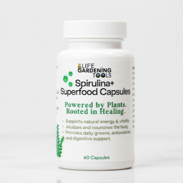 Life Gardening Tools herbal capsule collection featuring Spirulina Super Greens Capsules