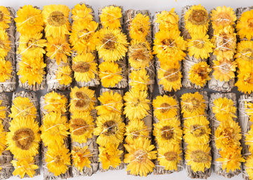 Sunrise Flower, Yellow Strawflower Floral Sage Wand - 0