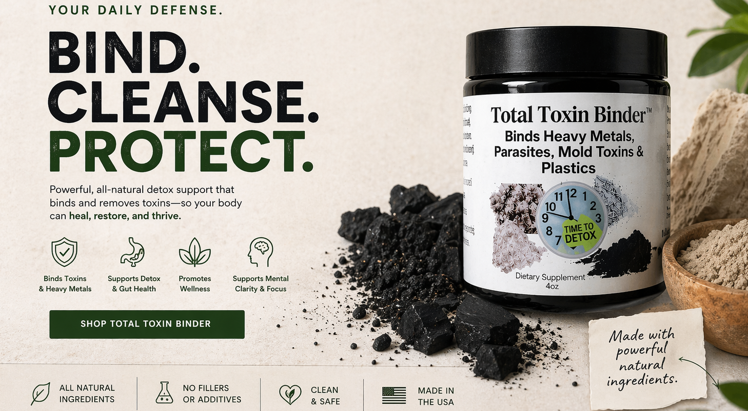 Supplement bottle labeled 'Total Toxin Binder' with natural elements on a light background