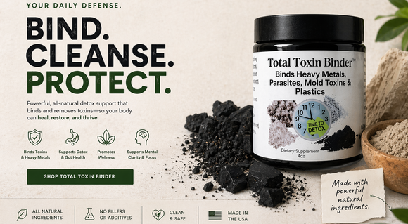 Supplement bottle labeled 'Total Toxin Binder' with natural elements on a light background