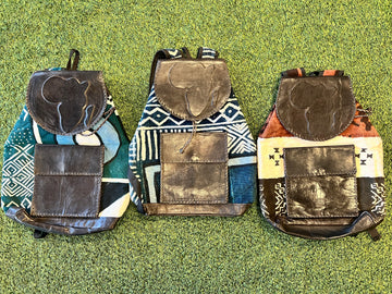 Mud Cloth Book Bag with Leather Accent Africa Symbol Handmade