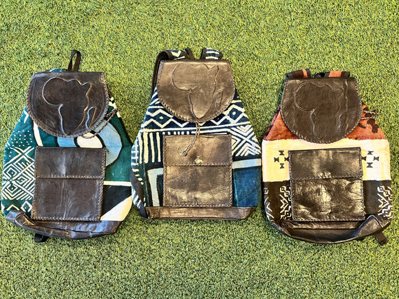Mud Cloth Book Bag with Leather Accent Africa Symbol Handmade