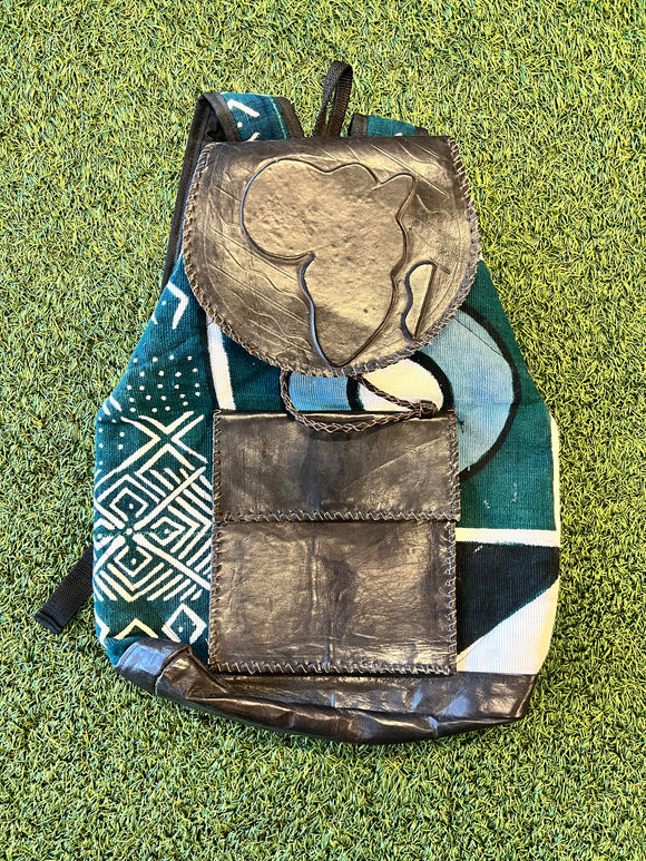 Mud Cloth Book Bag with Leather Accent Africa Symbol Handmade