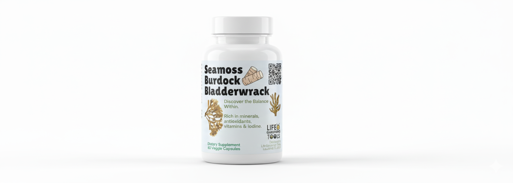 Supplement bottle labeled 'Seamoss Burdock Bladderwrack' on a white background