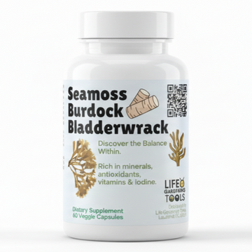 Supplement bottle labeled 'Seamoss Burdock Bladderwrack' on a white background