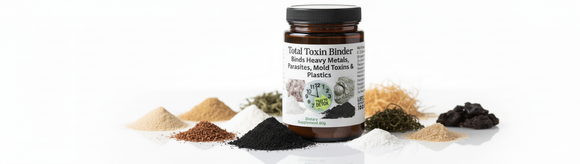 Jar of Total Toxin Blender with various powders on a white background