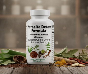 Supplement bottle labeled 'Fermented Detox Formula' on a wooden surface with herbs and plants.