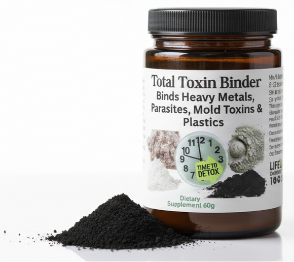 Jar of Total Toxin Binder with black powder on a white background