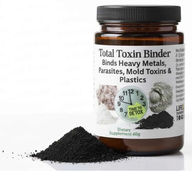 Jar of Total Toxin Binder with black powder on a white background