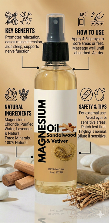 Vetiver & Sandalwood Magnesium Oil – Calm, Grounding & Muscle Relief (8 oz) - 0