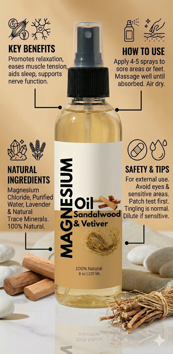 Vetiver & Sandalwood Magnesium Oil – Calm, Grounding & Muscle Relief (8 oz)