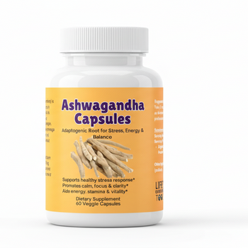 Bottle of Ashwagandha capsules on a white background