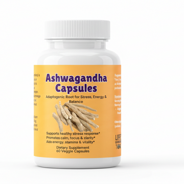 Bottle of Ashwagandha capsules on a white background