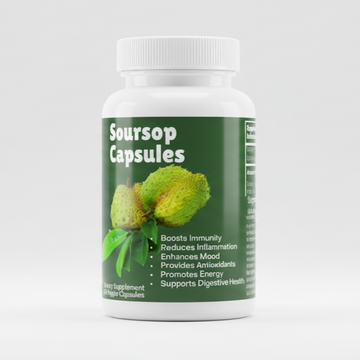Bottle of Soursop Capsules on a white background