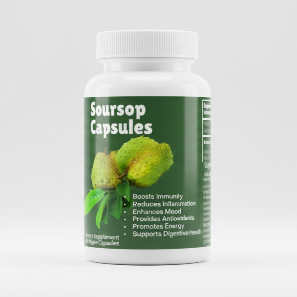 Bottle of Soursop Capsules on a white background