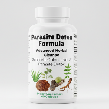 Supplement bottle labeled 'Parasite Detox Formula' on a light gray background