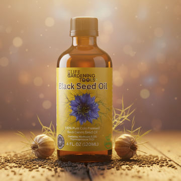 Bottle of black seed oil with a blurred background