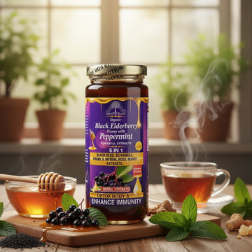Jar of Black Elderberry Honey Peppermint supplement on a wooden table with tea and honey in the background.
