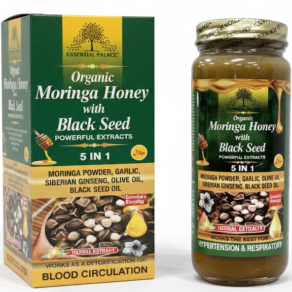Jar of Moringa Honey with Black Seed Extract and packaging on a white background