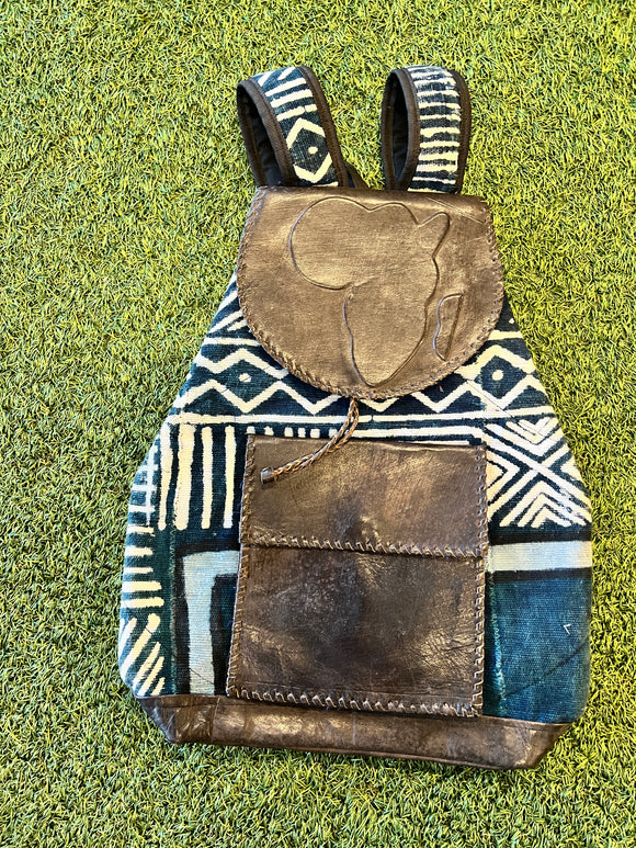 Mud Cloth Book Bag with Leather Accent Africa Symbol Handmade