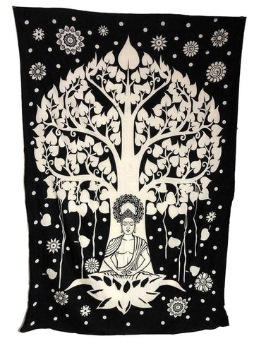 Indian Cotton Tapestry Buddha Tree Black & White (135 x 220 cm)