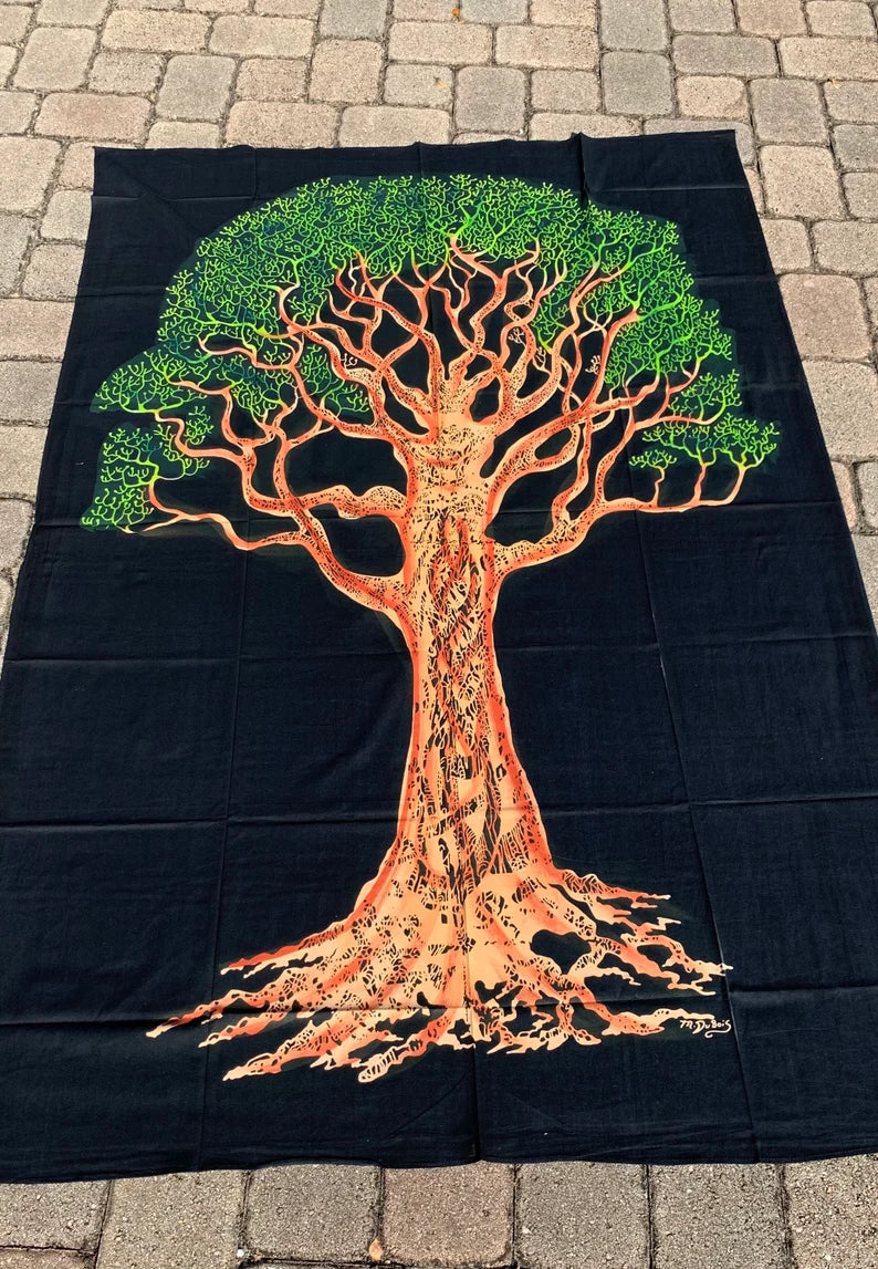 Indian Cotton Tapestry Tree on Black (135 x 220 cm)