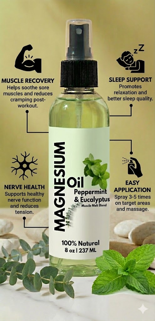 Peppermint & Eucalyptus Magnesium Oil – Muscle Melt Blend (8 oz)