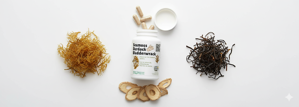 Supplement packaging with dried herbs on a white background