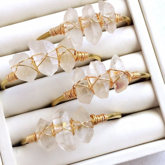 Quartz gold plated brass wire wrapped cuff bracelet - Life Gardening Tools LLC